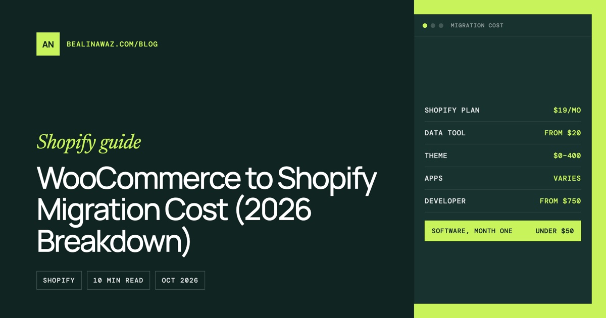 "WooCommerce to Shopify Migration Cost (2026 Breakdown)" written on a dark green Shopify guide cover beside a photo of the author, Ali Nawaz