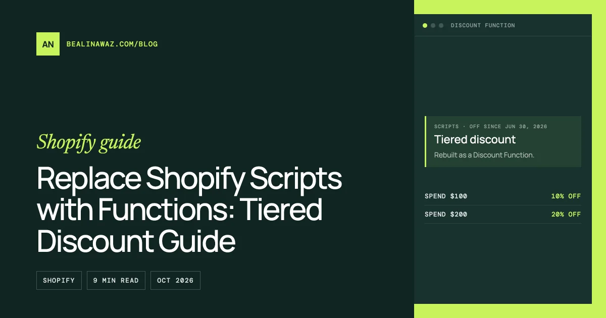 Cover image for "Replace Shopify Scripts with Functions: Tiered Discount Guide": the title on a dark green background next to an illustration of the topic