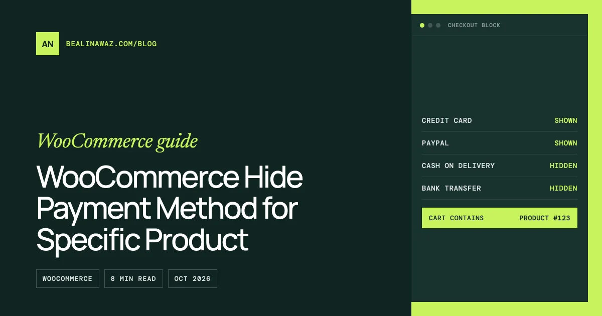 Cover image for "WooCommerce Hide Payment Method for Specific Product": the title on a dark green background next to an illustration of the topic